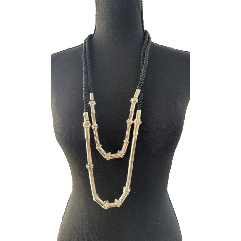 Chicos CZ Silver Tone Bead 17" Long Black Rope Link Chain Statement Necklace NEW